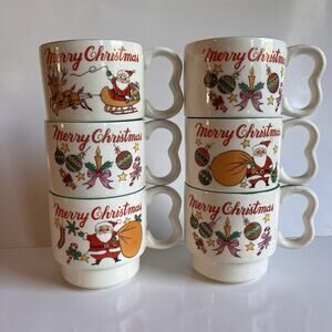 Set Of 6 Vintage Homco Merry Christmas Stackable Mugs Made In Japan